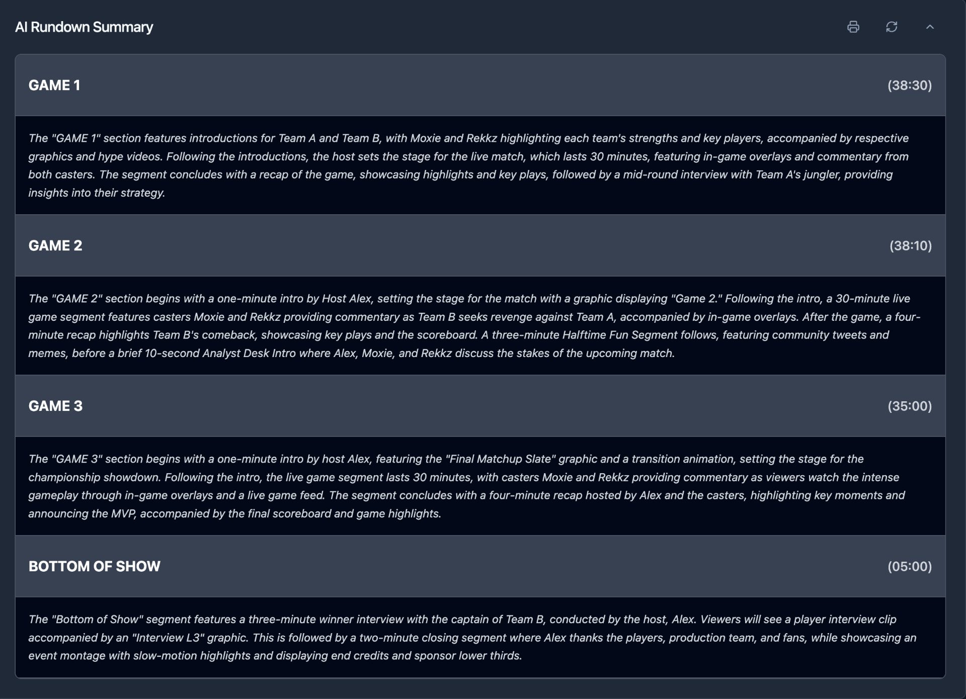AI Rundown Summary showing detailed segment summaries for a gaming broadcast