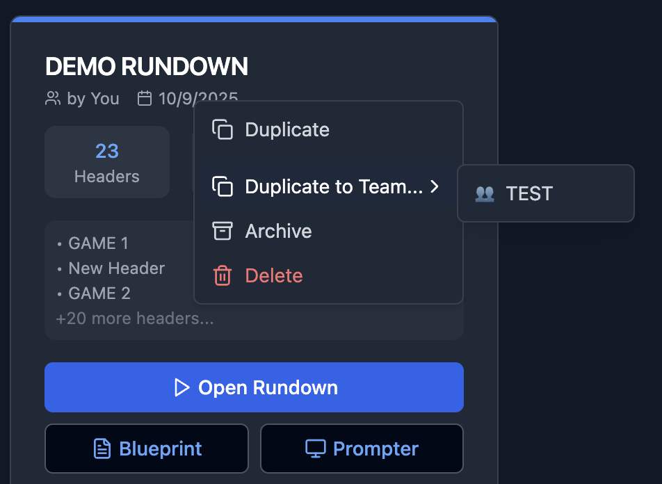 Rundown card menu showing duplicate to team option with team selection