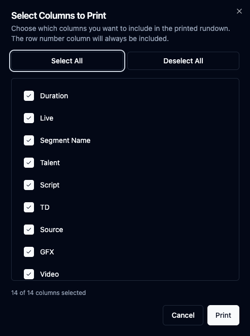 Print dialog showing column selection options for customizing printed output