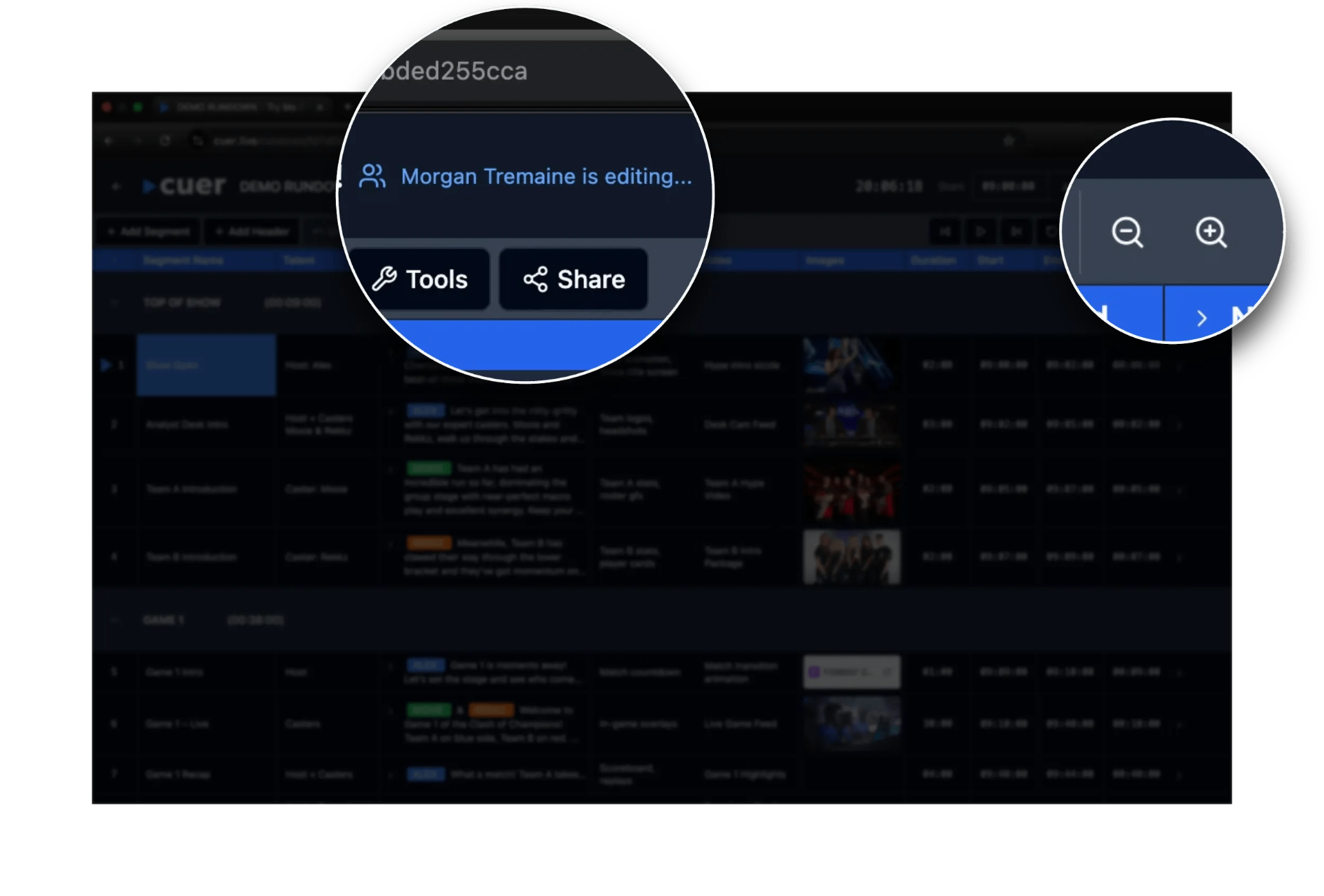 Collaboration features including zoom controls and live user presence